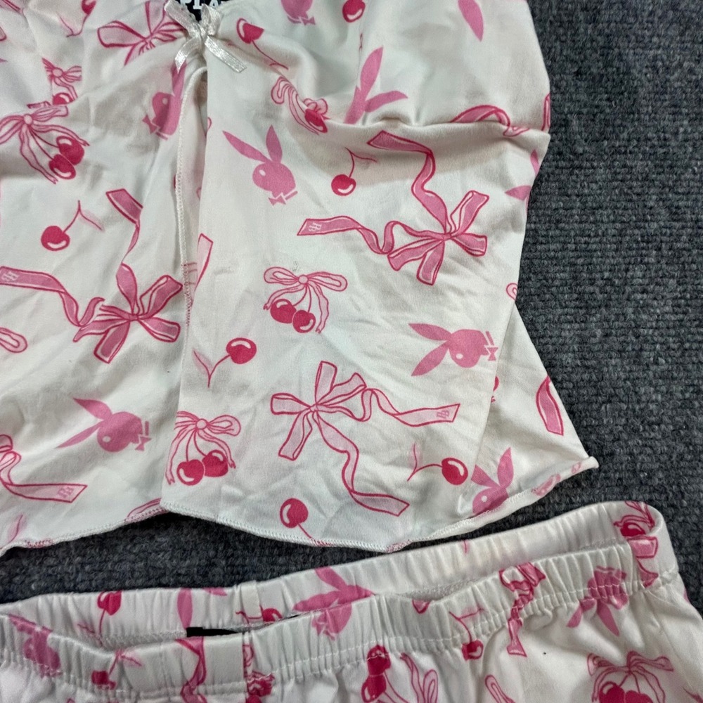 Playboy Pink Bunny Cherry Ribbon Pajama Set Camisole and Shorts White Medium - Picture 2 of 8